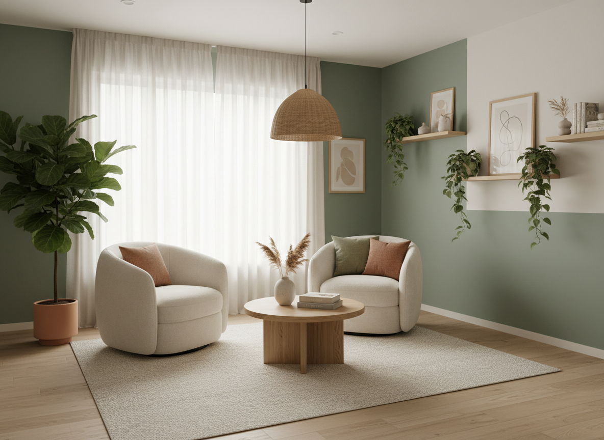 A calm, sunlit therapy office with plants and comfortable seating